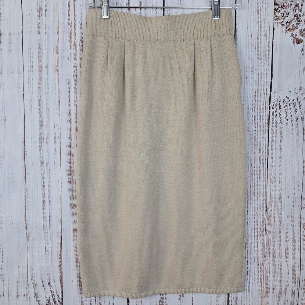 Vintage 80s St John 8 Santana‎ Knit Pencil Skirt Beige Pleated Front Knee